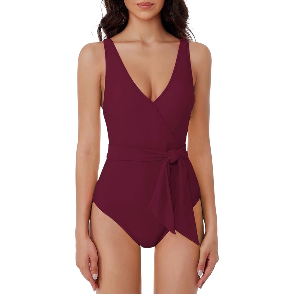 NEW‎ Tempotrek Burgundy Small Wrap V-Neck One Piece Swimsuit Belted Swimwear